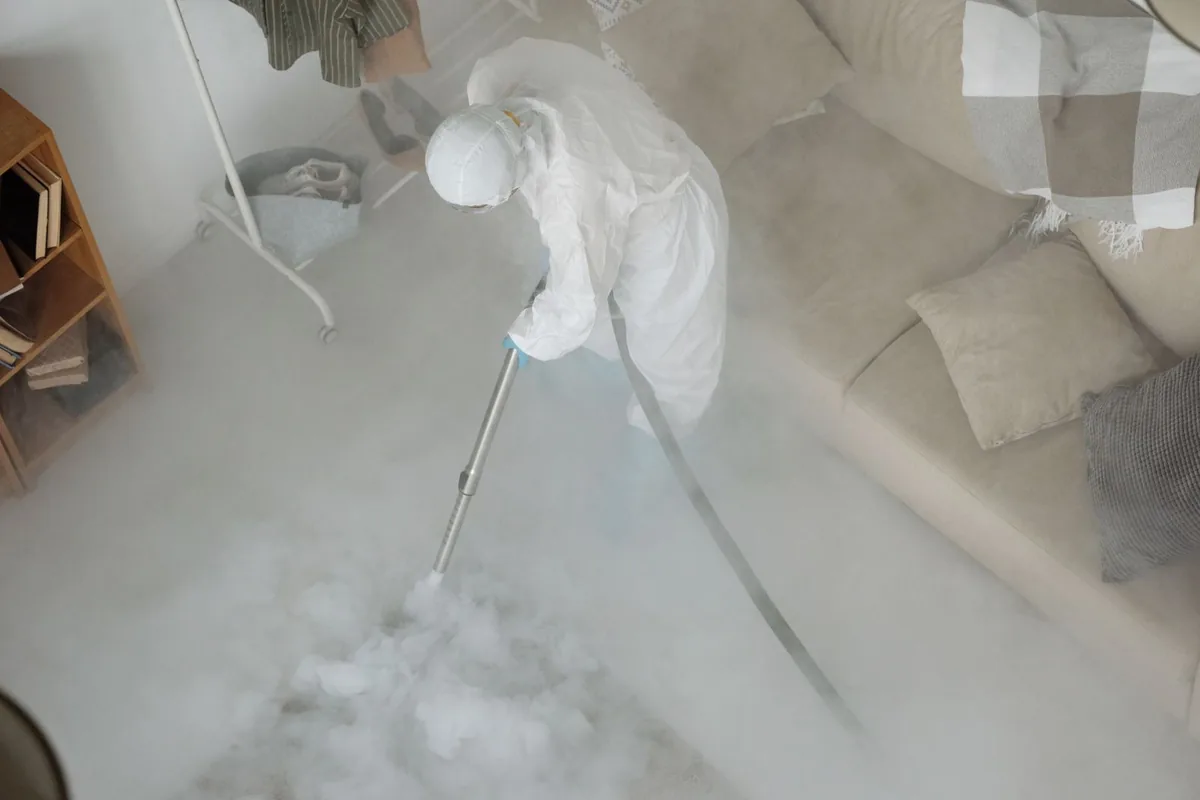 Biohazard cleanup technician in protective equipment, Privateer, SC
